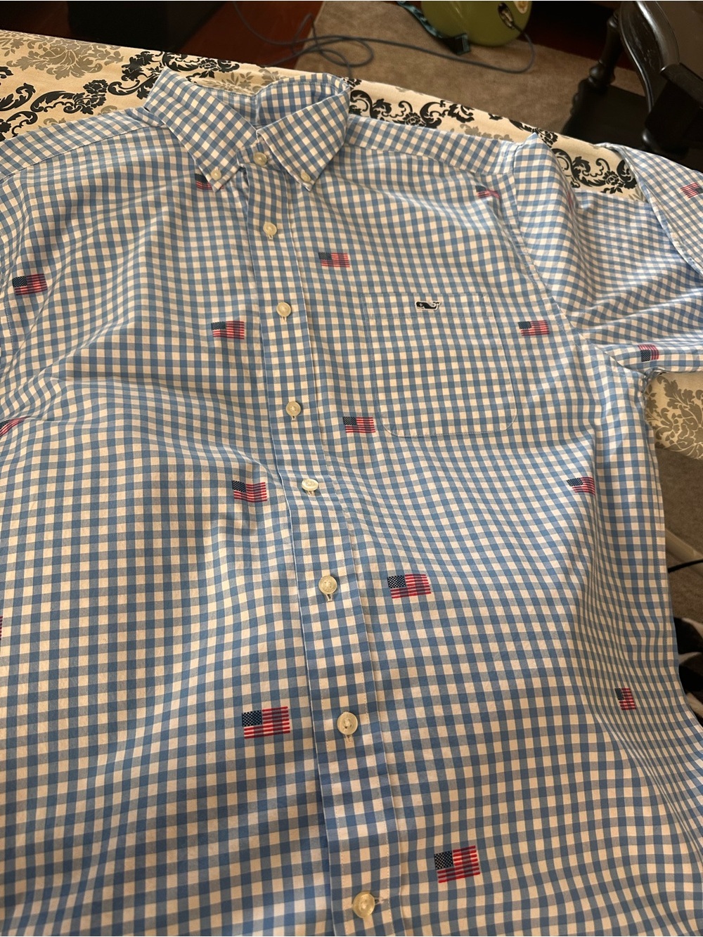 Vineyard Vines Light Blue and White Gingham Button-Down with Embroidered Flags